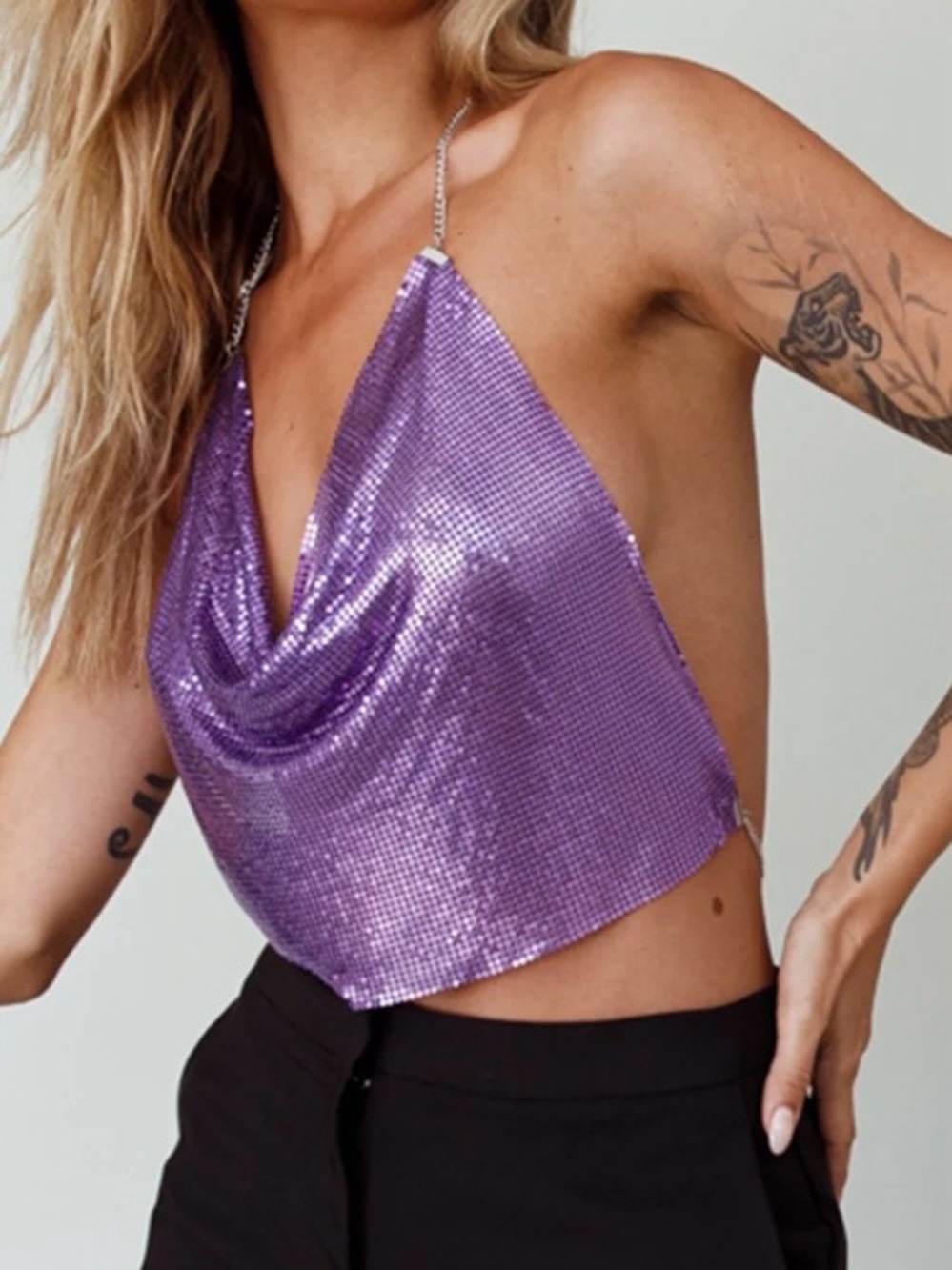 Selfie Leslie Purple Chain Halter Crop Top